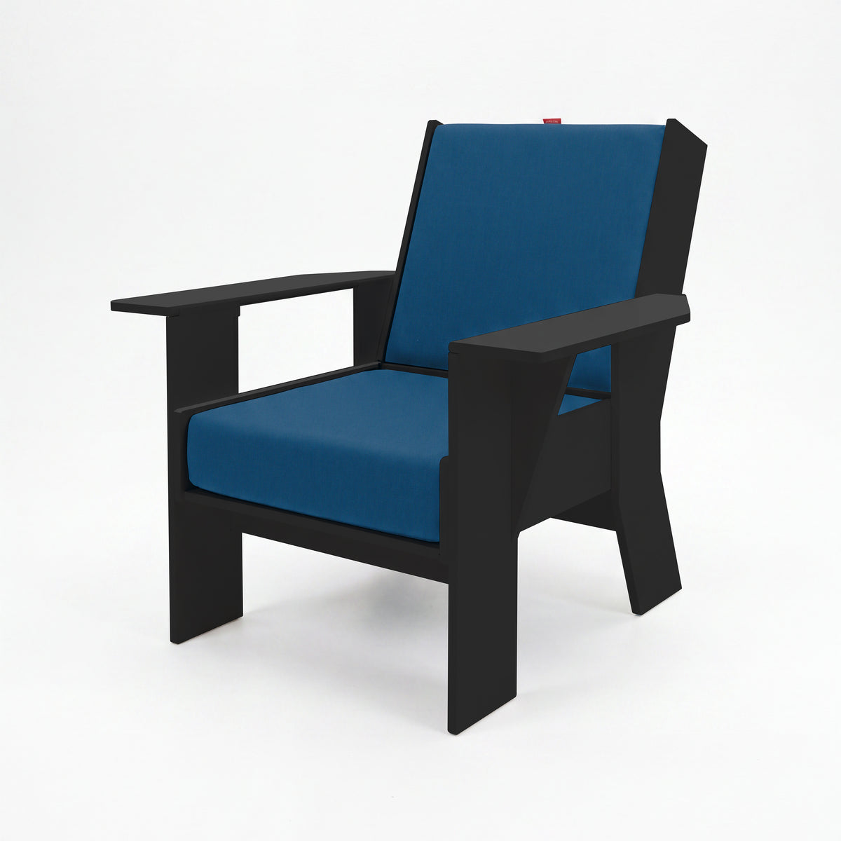 FOLDEN Club Chair with a black frame and blue cushions on a white background