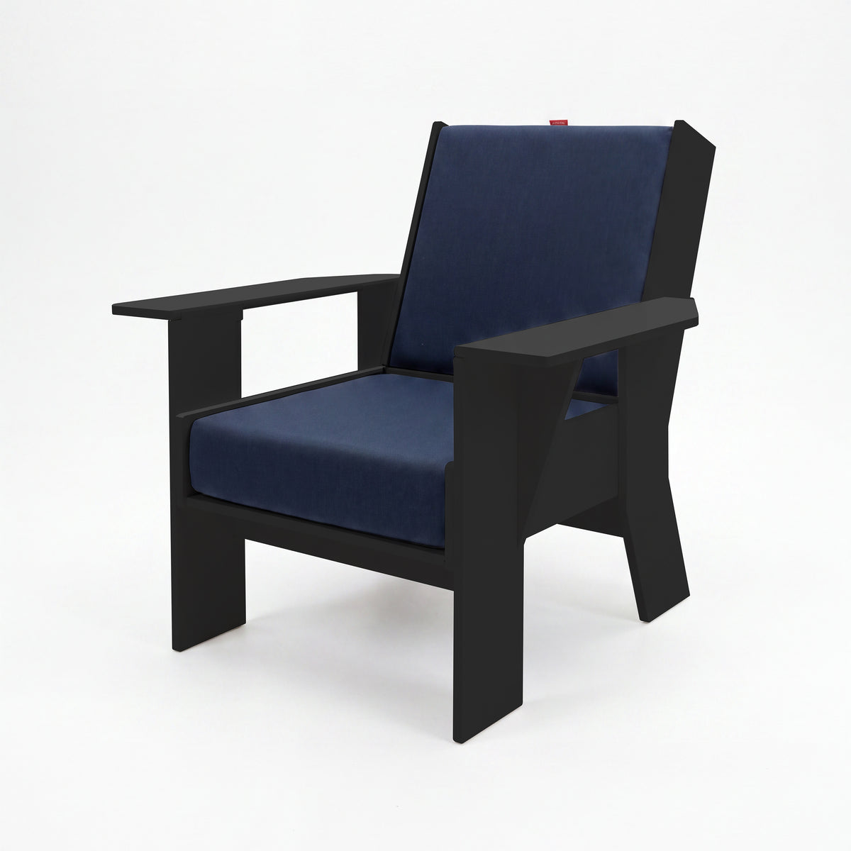FOLDEN Club Chair with a black frame and navy blue cushions on a white background