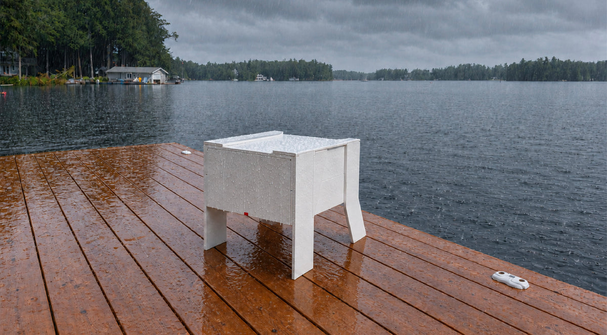 White FOLDEN Club Chair closed for cushion storage on a rain-soaked lakeside dock.
