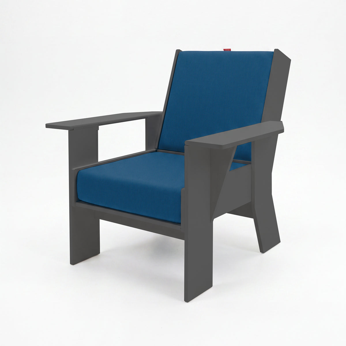 FOLDEN Club Chair with a gray frame and blue cushions on a white background