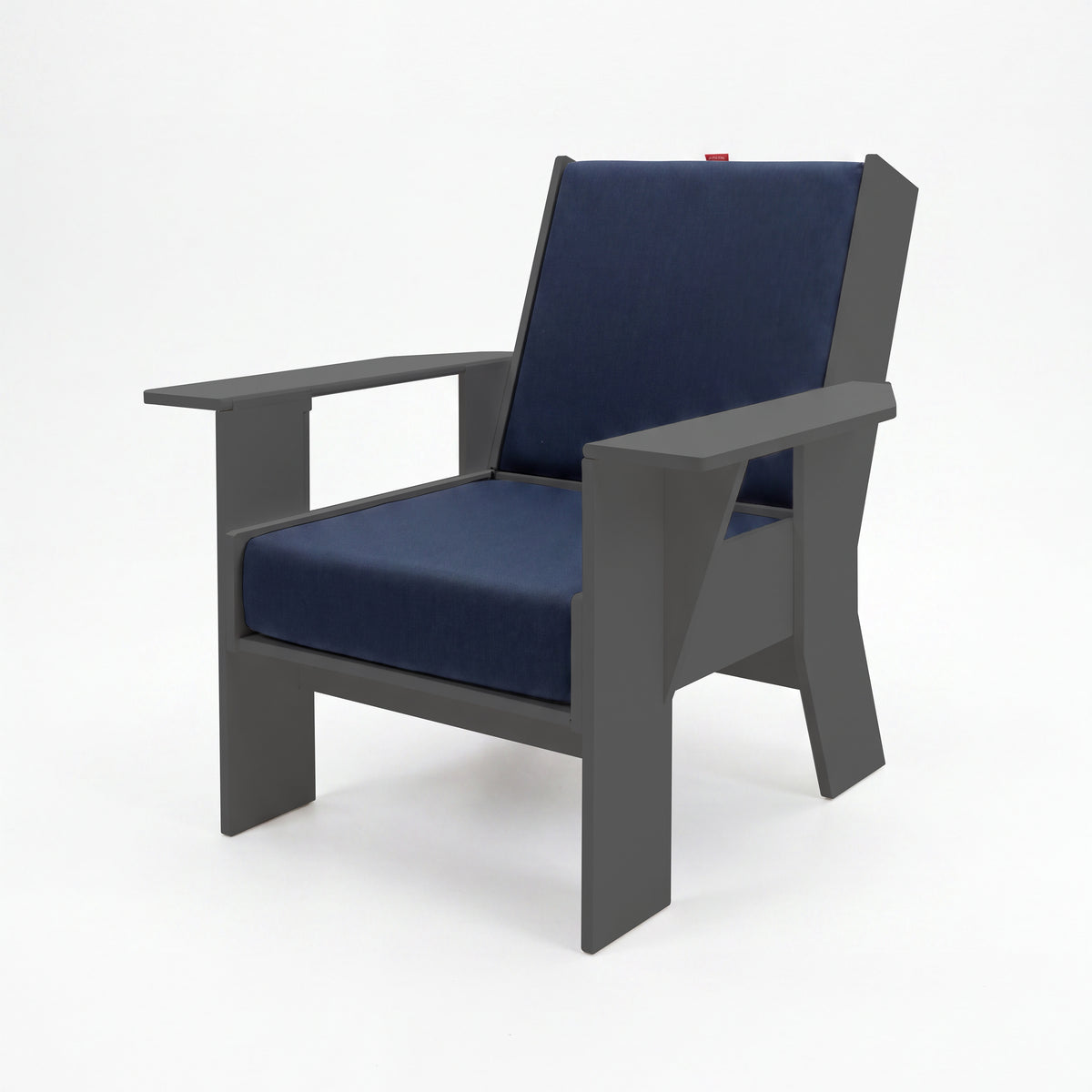 FOLDEN Club Chair with a gray frame and navy blue cushions on a white background