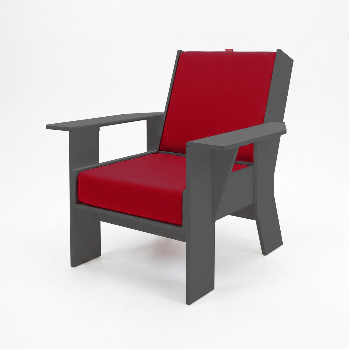 FOLDEN Club Chair with a gray frame and red cushions on a white background